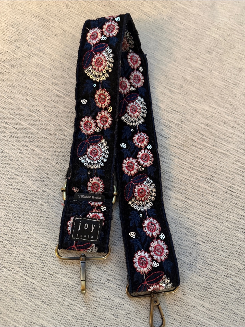 Joy Susan Navy Strap with Red & White Embroidered Florals